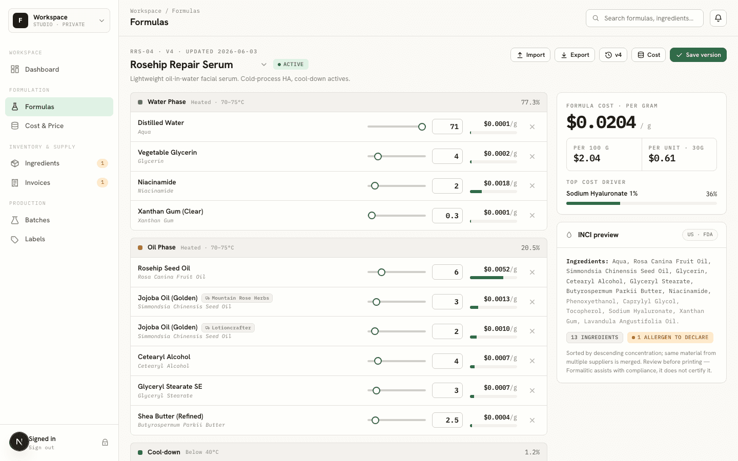 The Formalitic formula builder: phases, live percentages, cost per gram, and an INCI preview