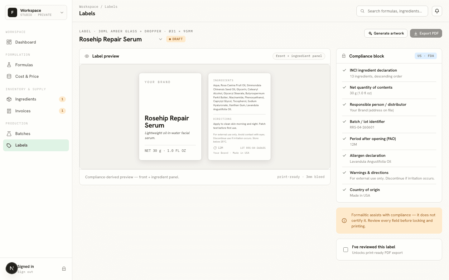 Label preview with INCI declaration and compliance checklist